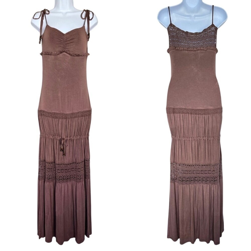 Studio F Boho Lace Maxi Dress Women's 8 Brown Tiered Romantic Cottagecore Y2K